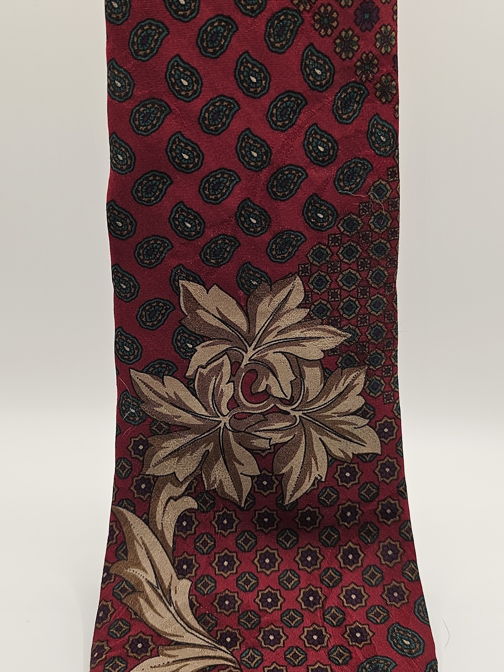 Bugatti Burgundy Italian Silk Tie with Beige Floral and Navy Paisley